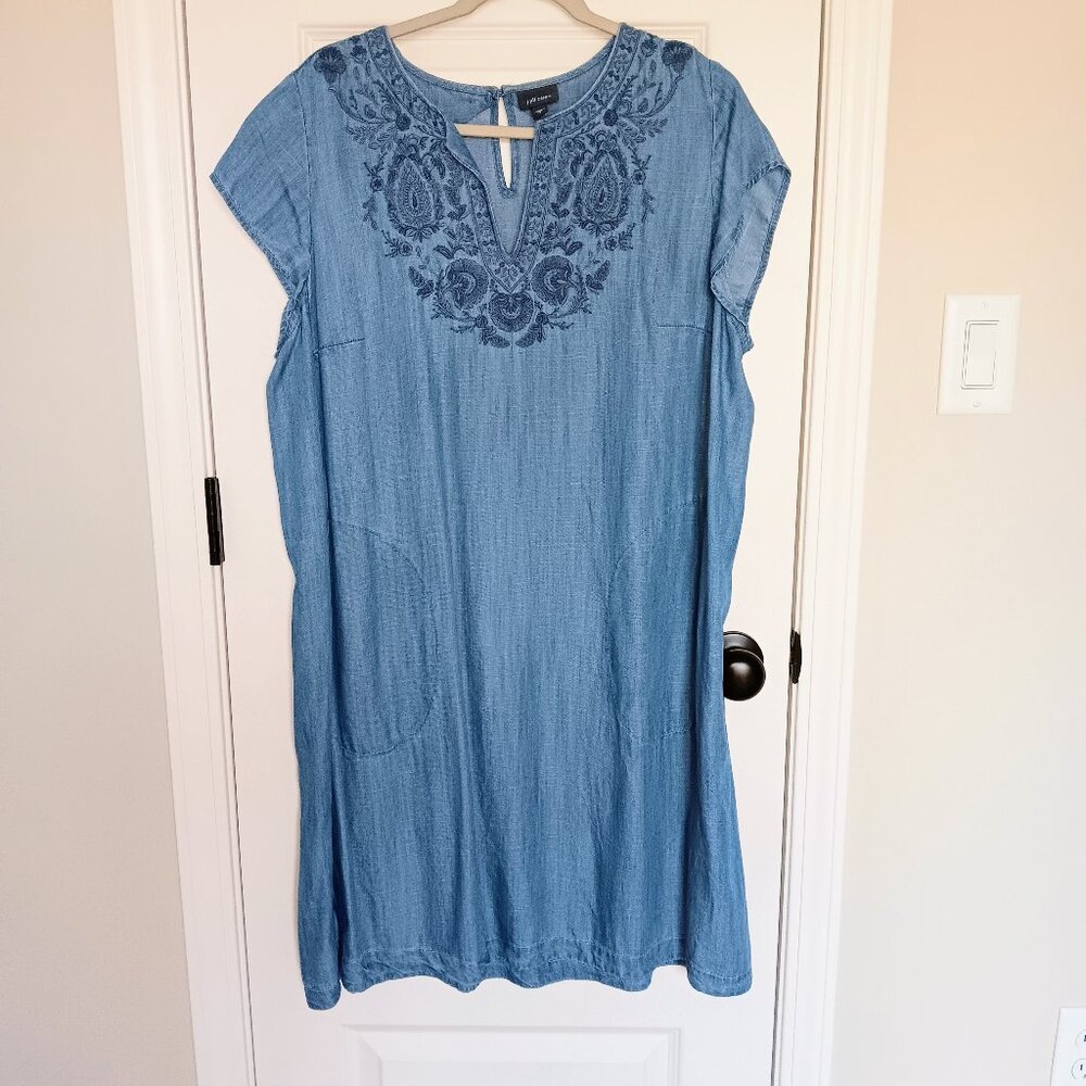 J Jill L Embroidered Denim Pocket Tencel Knee Dress